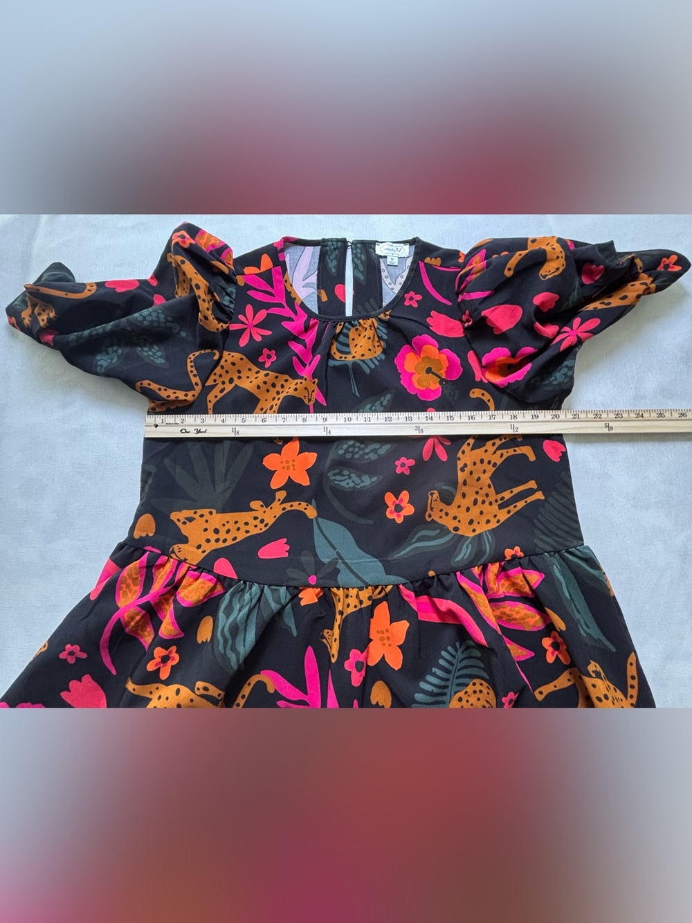Mud Pie Leopard Floral Peplum Blouse M Puff Sleeve Black Pink Boho #508 - Picture 7 of 9